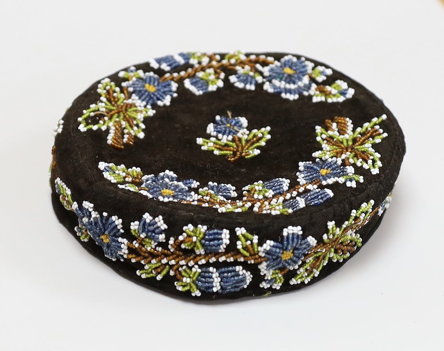 A 19th century gentleman’s bead worked smoking cap, 15cms diameter